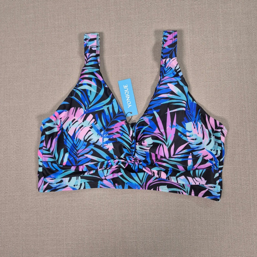 Yonique Tropical Palm Leaf Twist Front Bikini Top Blue Pink Size L NWT
